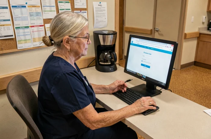 Infirmière en EHPAD accédant à son espace Netsoins depuis un poste de travail partagé
