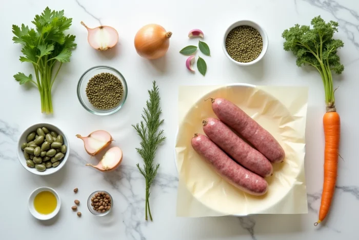 Ingrédients frais pour une recette de lentilles aux saucisses disposés en flat-lay sur un plan de travail en marbre