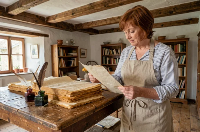 Intérieur chaleureux de la Maison Papyrus avec une femme examinant du papyrus artisanal sur une table en bois ancien