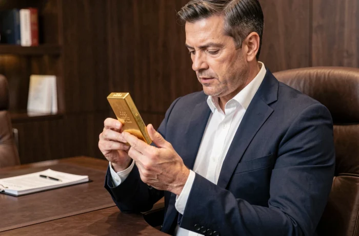Un homme d'affaires tenant un lingot d'or dans un bureau bancaire privé, illustrant l'investissement en or pour protéger son patrimoine