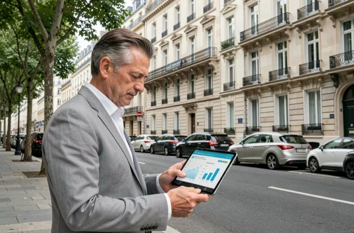 Investisseur immobilier consultant une application fiscale devant un immeuble haussmannien à Paris