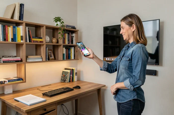 Femme utilisant son smartphone pour diffuser l'IPTV sur un téléviseur sans wifi ni box internet