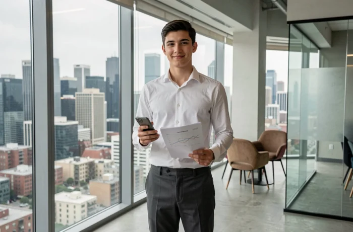 Jeune entrepreneur adolescent en tenue professionnelle devant une fenêtre avec vue sur la skyline d'une grande ville
