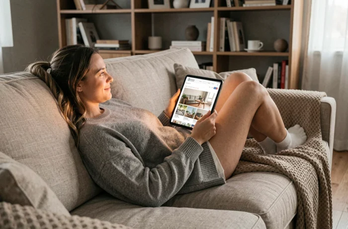 Jeune femme allongée sur un canapé confortable consultant un blog lifestyle sur sa tablette