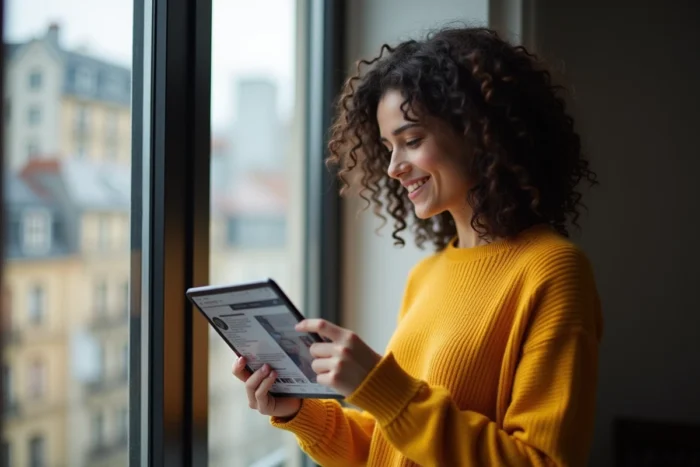Jeune femme contactant une radio française via les réseaux sociaux sur tablette
