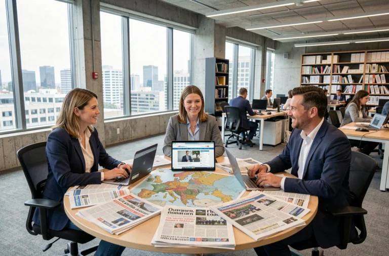 Journalistes analysant l'actualité internationale autour d'une table couverte de journaux et de cartes dans une salle de rédaction moderne