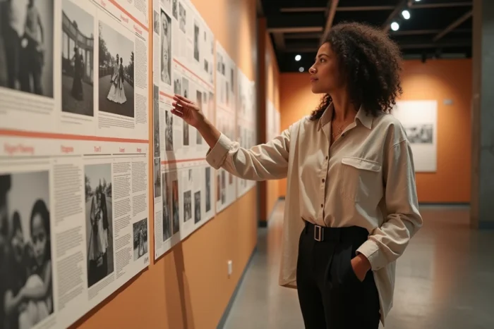 Kaatsup Kalina observant une exposition biographique murale avec des archives photographiques et des coupures de presse