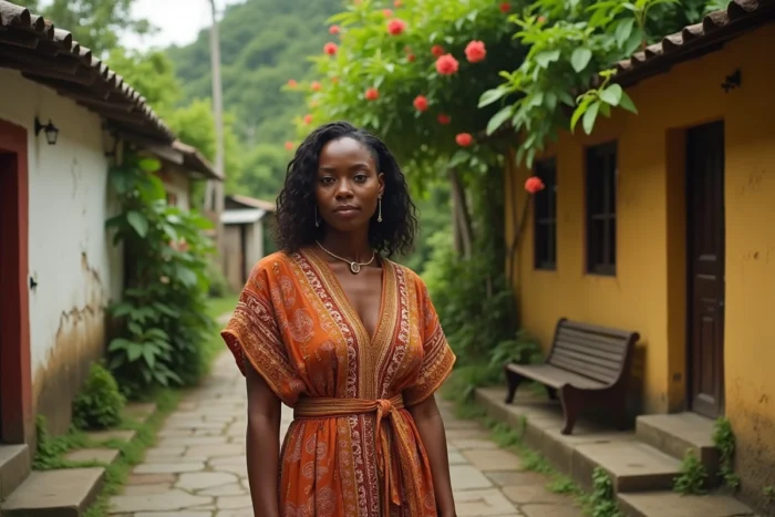 Femme en robe traditionnelle debout dans un village tropical coloré illustrant les origines culturelles de Kaatsup Kalina