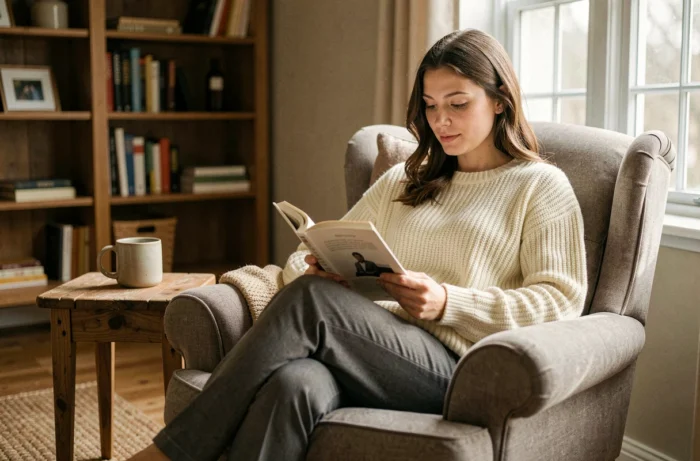 Jeune femme lisant un livre dans un fauteuil confortable pour se détendre et améliorer son bien-être au quotidien