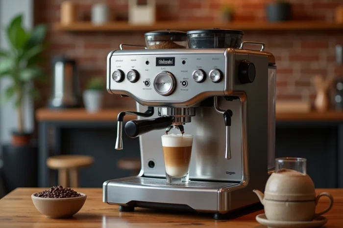Machine DeLonghi Magnifica S avec cappuccino et grains de café sur une table en bois dans un café rustique