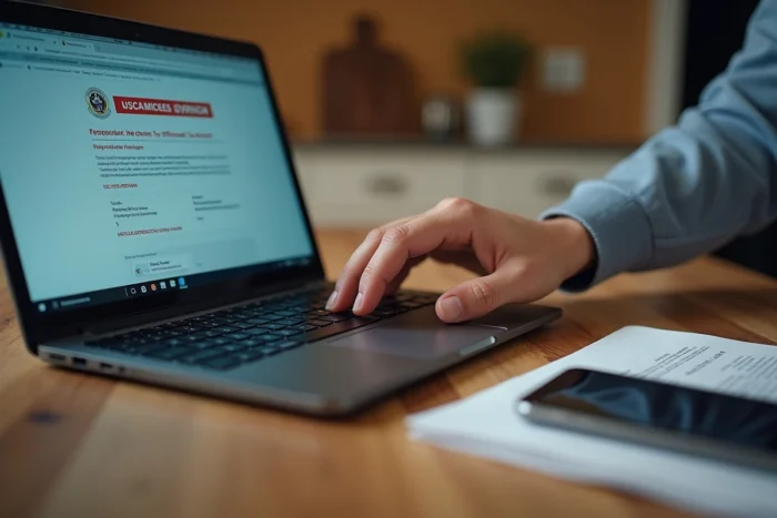 Gros plan d'une main hésitant au-dessus d'un clavier face à un site web douteux et une plateforme officielle de créances publiques, illustrant le risque d'arnaque en ligne