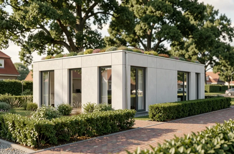 Maison rectangulaire moderne à toit plat végétalisé, exemple de forme efficace pour une construction résidentielle