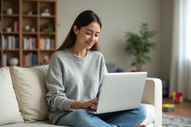 Maman en tenue décontractée consultant des ressources parentales sur un ordinateur portable dans un salon cosy