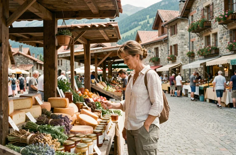 Femme découvrant les produits locaux sur le marché d'Argelès-Gazost avec les montagnes pyrénéennes en arrière-plan