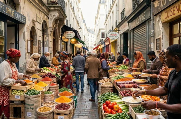 Marché de rue cosmopolite animé rue du Faubourg Saint-Denis avec des vendeurs et habitants de toutes origines