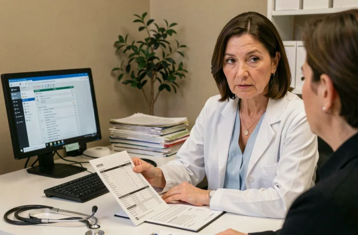 Médecin expliquant le coût d'un PET scan à un patient dans un cabinet médical moderne