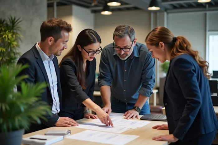 Membres élus du CSE Altran consultant les listes électorales et documents syndicaux dans un espace de travail collaboratif