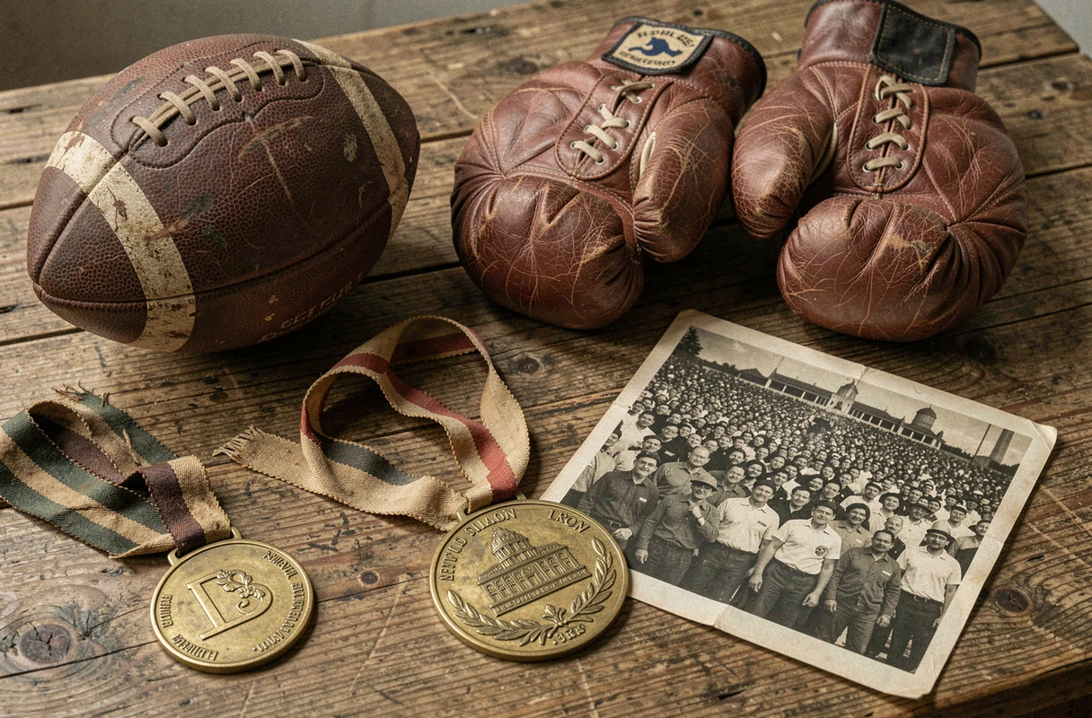 Collection d'objets sportifs vintage symbolisant les exploits marquants de l'histoire du sport