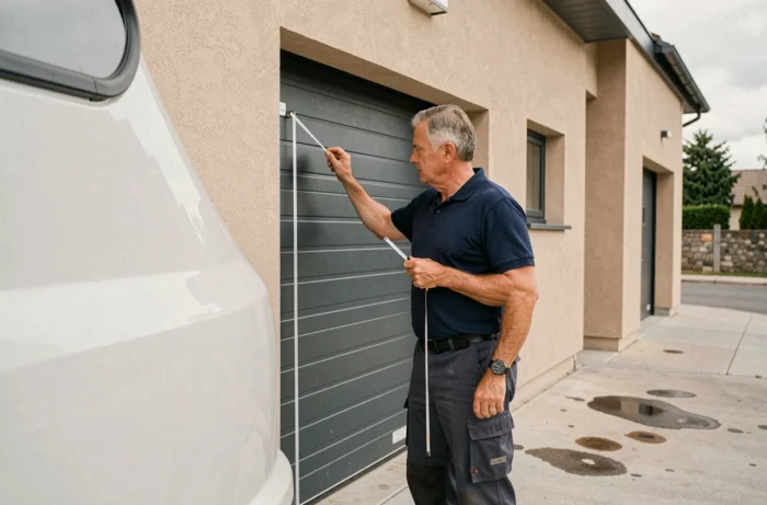 Homme mesurant la hauteur d'une porte de garage sectionnelle devant un camping-car blanc pour vérifier la compatibilité de taille