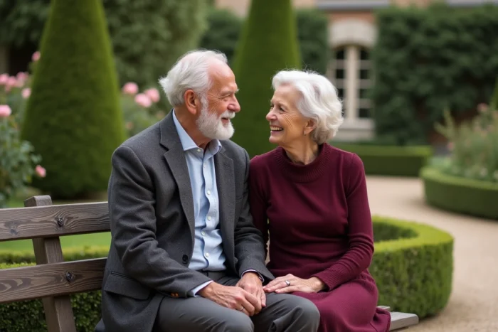 Couple élégant discutant dans un jardin français, photo illustrant la relation actuelle de Michel Platini et Christelle Platini