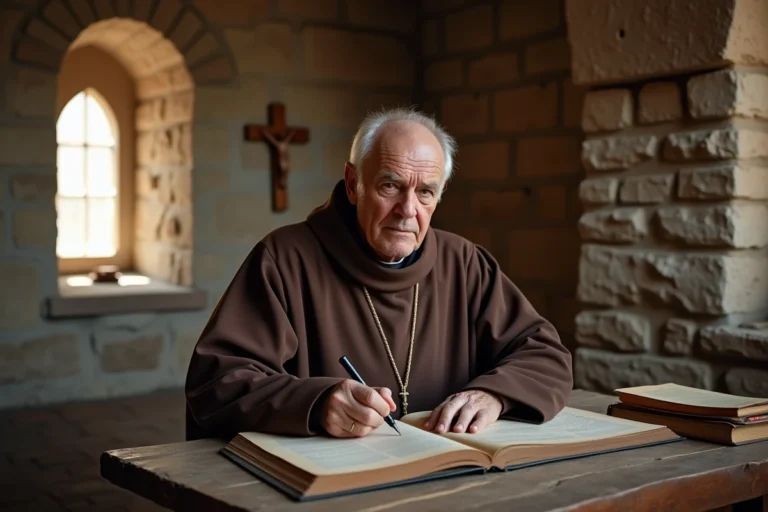 Moine catholique franciscain écrivant dans un registre dans sa cellule monastique sobre