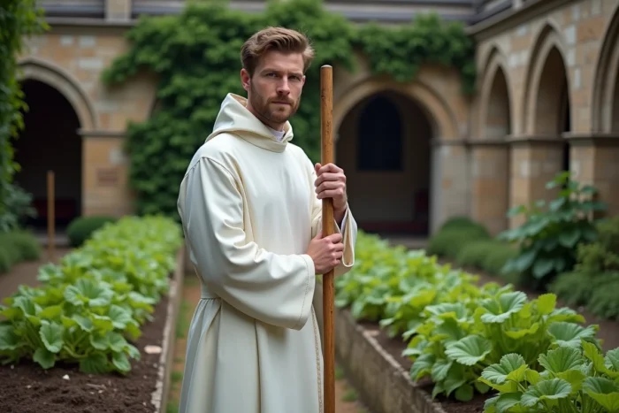 Jeune moine dominicain travaillant dans le jardin potager du monastère