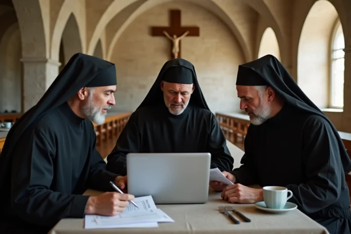 Trois moines bénédictins discutant du budget communautaire dans le réfectoire du monastère