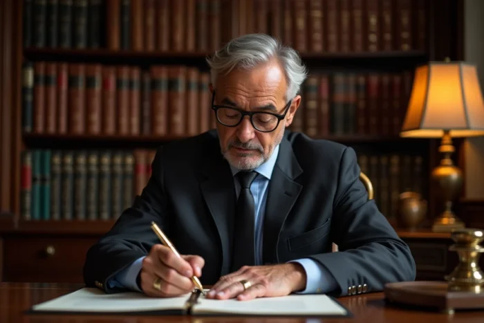 Notaire signant un acte authentique dans un cabinet notarial traditionnel français