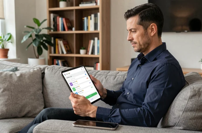 Parent gérant les paramètres de temps d'écran Family Link sur une tablette dans le salon