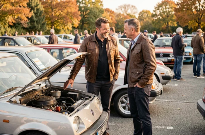 Deux passionnés d'automobile en discussion devant une voiture lors d'un rassemblement, évoquant le jargon et la culture auto autour du mot camtar