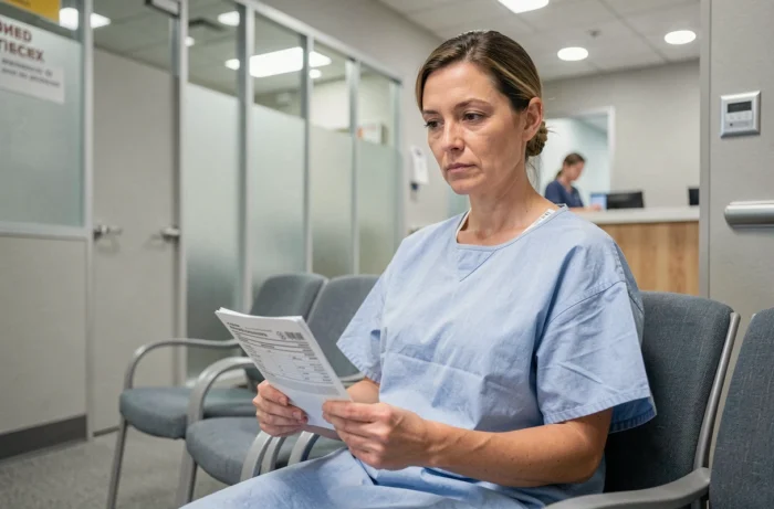 Patiente attendant son PET scan dans un centre de radiologie avec une feuille de remboursement mutuelle