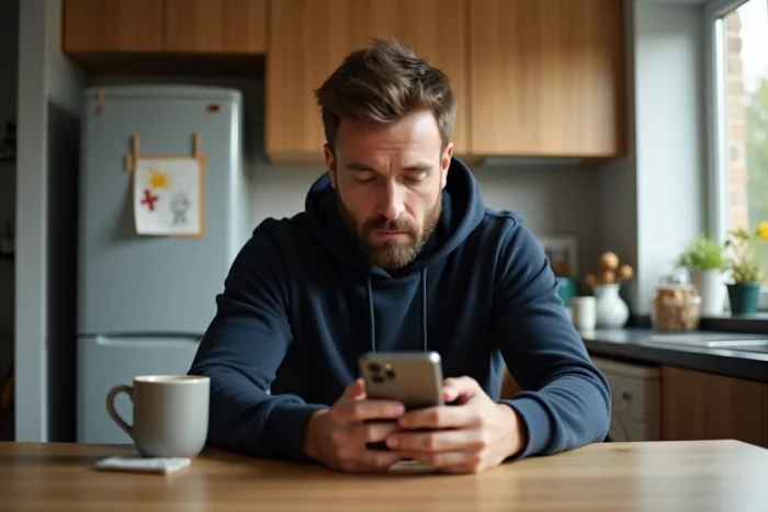 Père consultant une application parentale sur smartphone dans une cuisine familiale réaliste