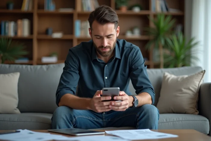 Père consultant le site Cyclades sur smartphone pour accéder aux résultats d'examens de son enfant depuis le salon