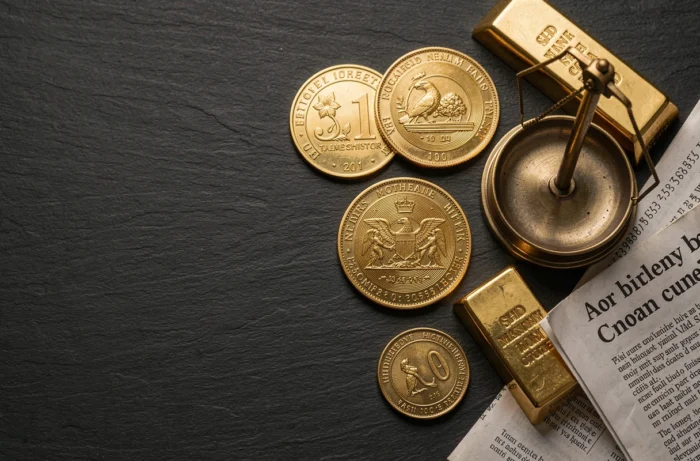 Vue de dessus de pièces d'or, d'un lingot et d'une balance sur une surface en ardoise, symbolisant l'investissement et la valeur du métal précieux