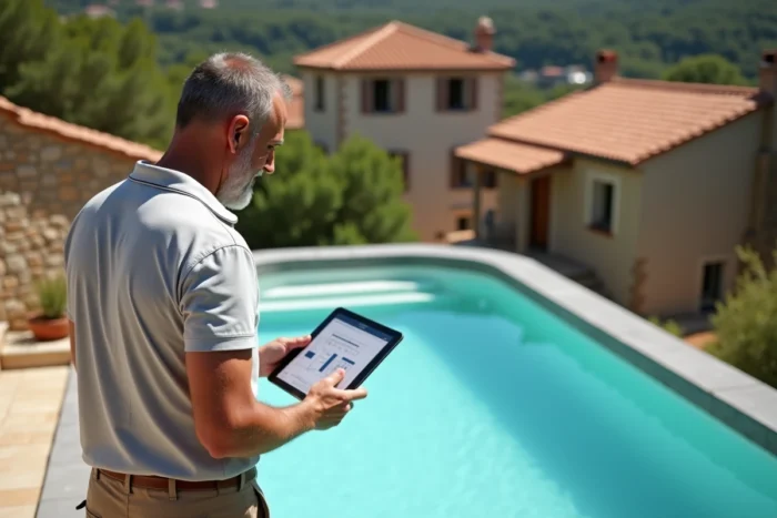 Homme consultant les dimensions d'une petite piscine semi-enterrée sur une terrasse en village provençal pour déterminer si elle est soumise à la taxe piscine