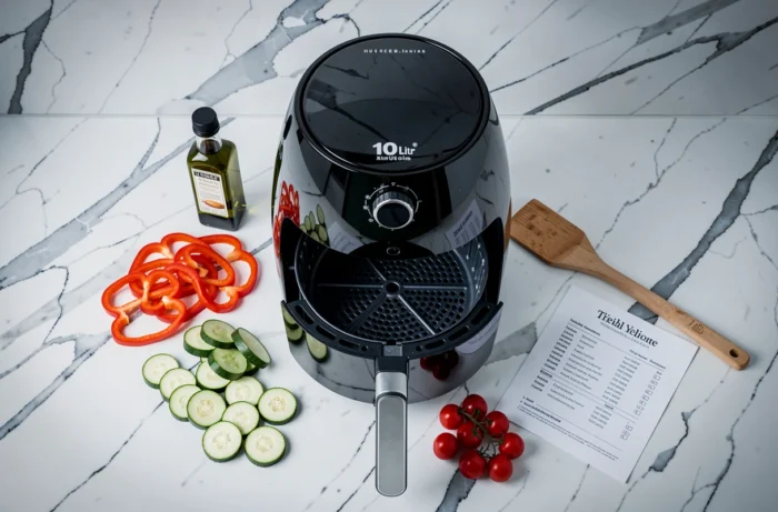 Vue de dessus d'un air fryer Medek 10L ouvert entouré de légumes frais prêts à cuire sur un plan de travail en marbre