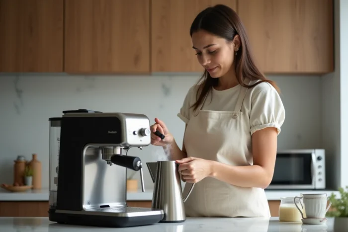 Femme préparant la mousse de lait avec la buse vapeur de la DeLonghi Magnifica S dans une cuisine moderne