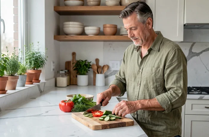 Homme préparant un repas sain avec des légumes frais dans une cuisine moderne comme astuce de bien-être au quotidien
