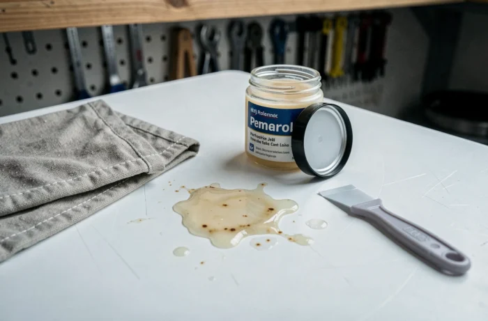 Produits ménagers pour enlever les traces de scotch sur une surface en PVC blanc, vue de dessus