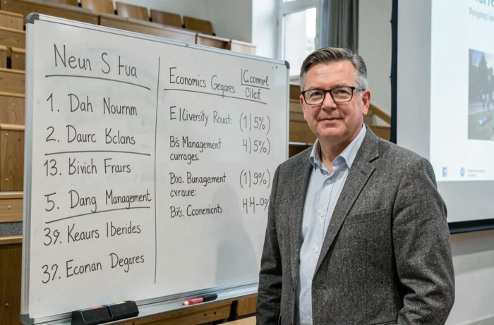 Professeur d'université présentant les nouveaux classements des licences économie et gestion sur un tableau blanc