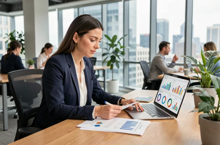 Professionnelle du marketing analysant des rapports de stratégie digitale sur son bureau en open space moderne