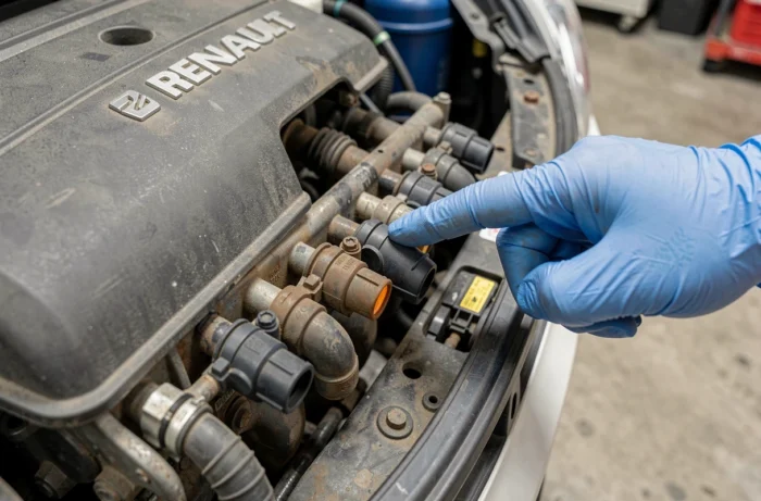 Gros plan sur le rail d'injection et les injecteurs d'un moteur Renault Clio 5 avec une main gantée