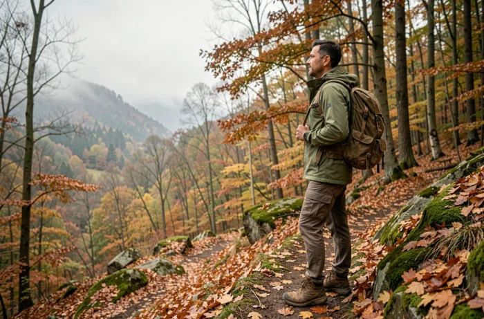 Randonneur en forêt automnale observant la vallée, activité de plein air pour profiter de la nature
