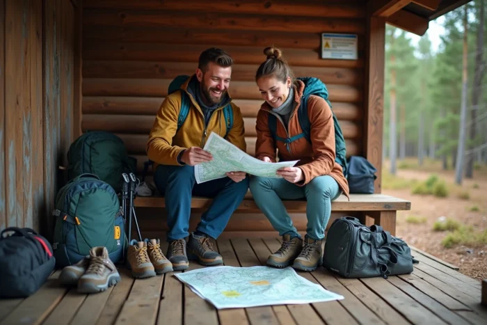 Deux randonneurs comparant des cartes topographiques devant un abri de départ de sentier avec leur équipement de plein air étalé