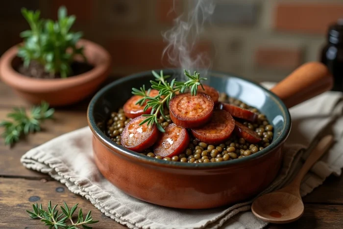 Bol rustique de lentilles aux saucisses garnies de thym frais sur une table en chêne dans une cuisine campagnarde