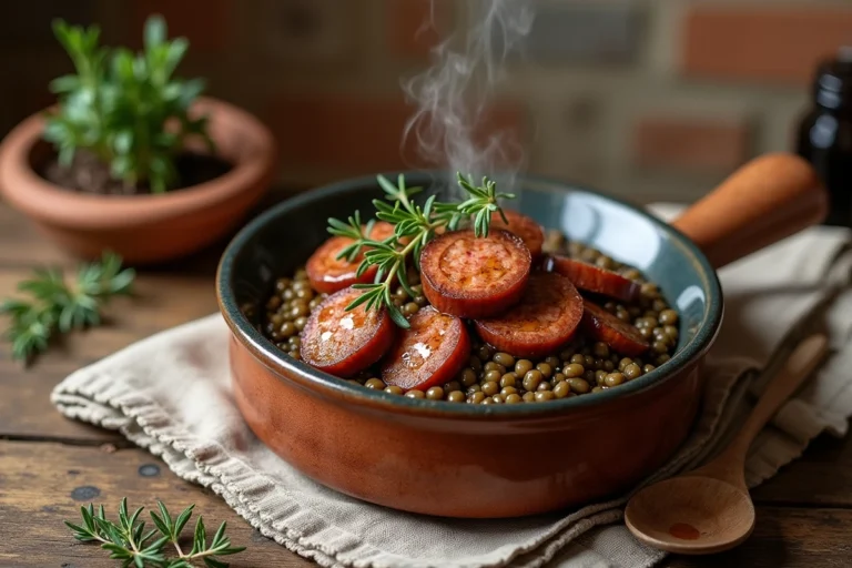 Bol rustique de lentilles aux saucisses garnies de thym frais sur une table en chêne dans une cuisine campagnarde