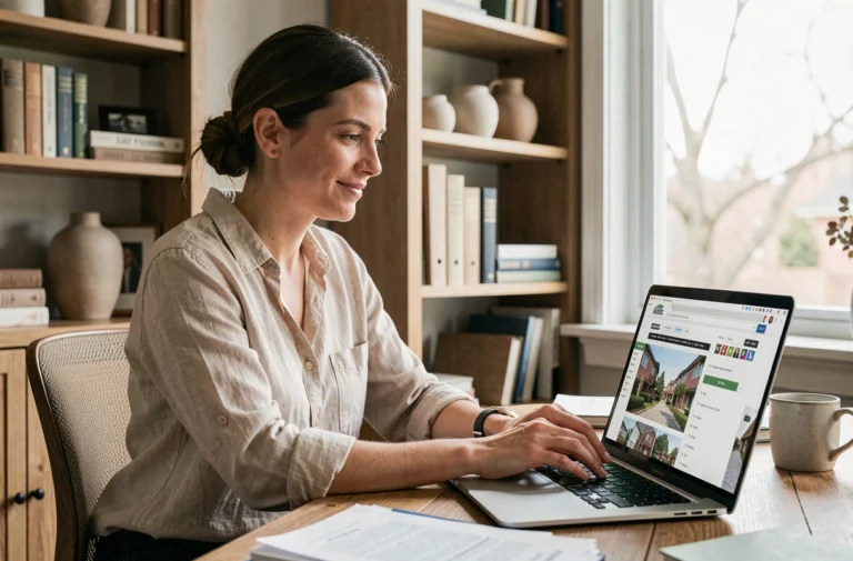 Femme cherchant une location immobilière sur un ordinateur portable dans un bureau à domicile chaleureux