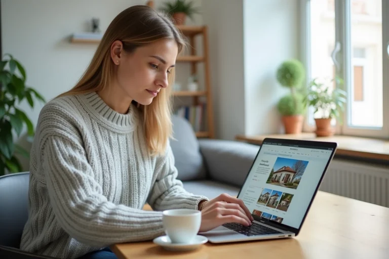 Femme cherchant une location immobilière sur un site web depuis son appartement moderne