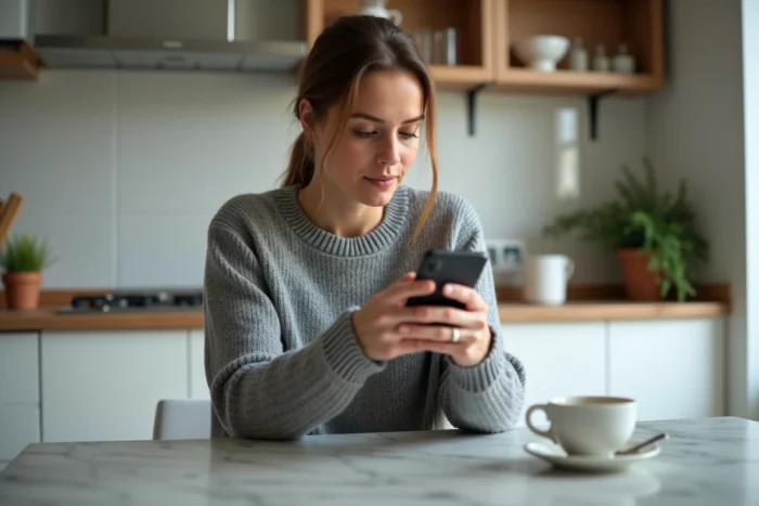 Femme recherchant un service d'entretien à domicile sur son smartphone dans une cuisine moderne