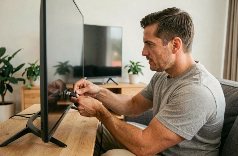 Homme connectant une clé USB à un téléviseur pour regarder l'IPTV sans box ni wifi